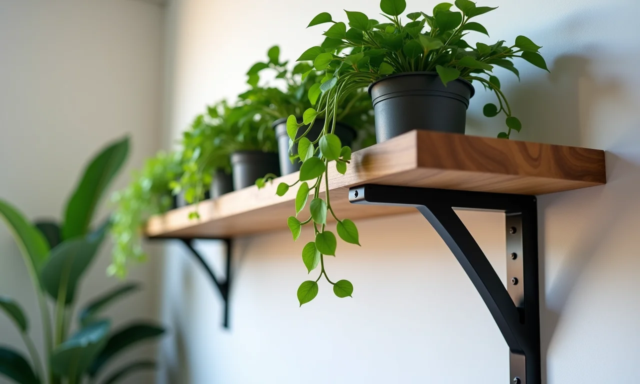 Suportes de metal segurando uma prateleira de madeira com plantas, combinando segurança e estilo.