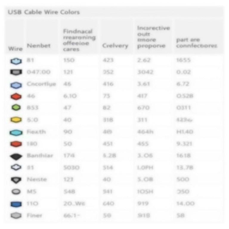 Tabela de fios e conexões do cabo USB.