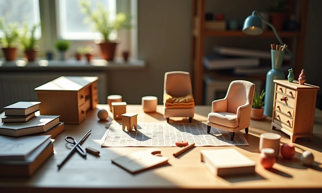 Tabela de materiais e ferramentas para criar móveis de casinha de boneca.