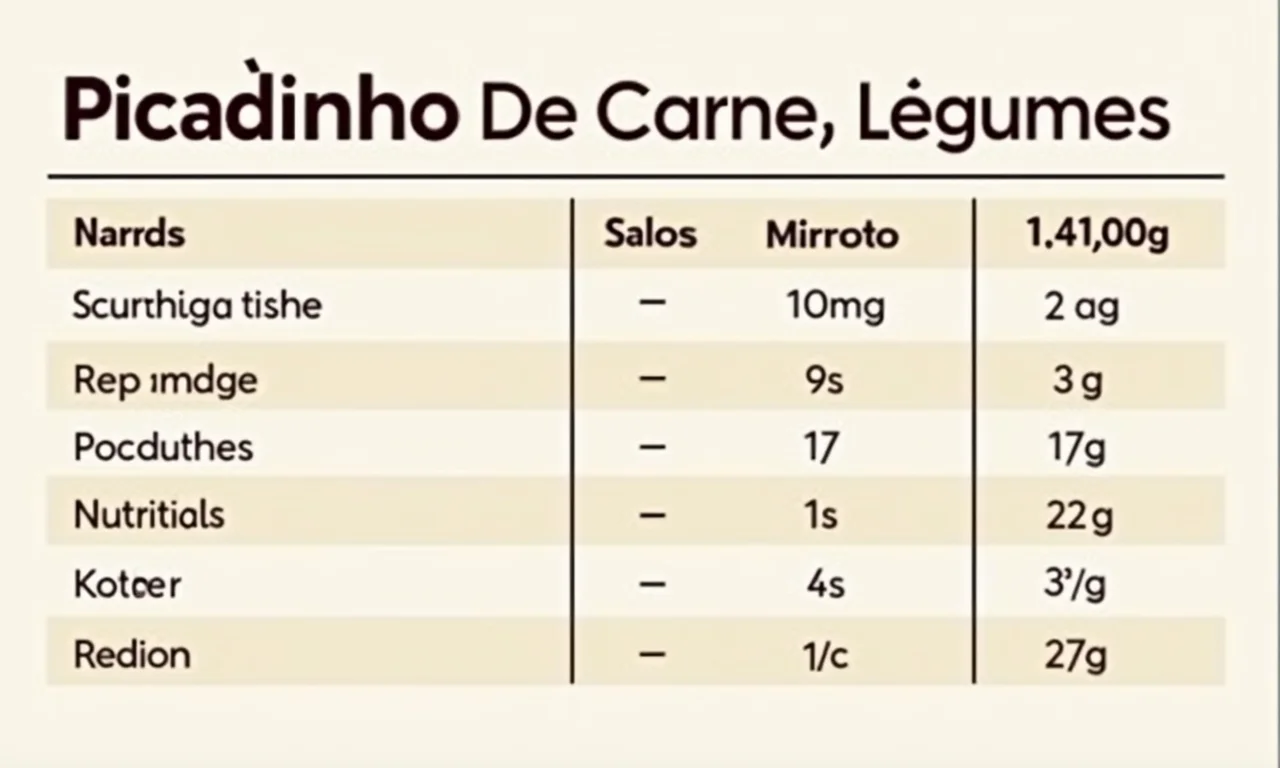 Tabela nutricional detalhada do picadinho de carne com legumes.
