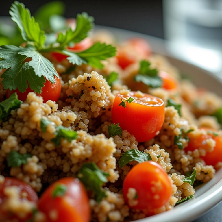 Tabule de quinoa em close-up mostrando a textura e as fibras visíveis.