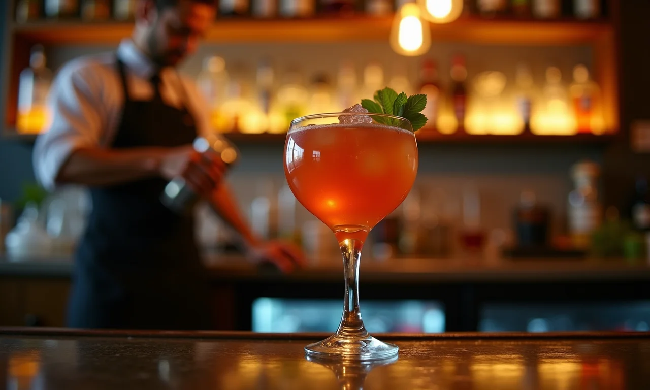 Taça de licor de guavira em bar elegante.