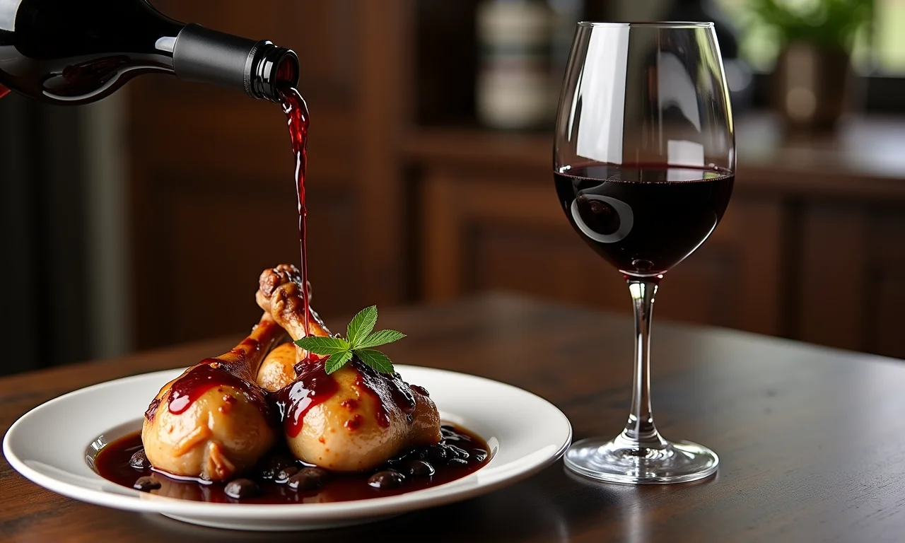 Taça de Pinot Noir ao lado de prato de Coq au vin.