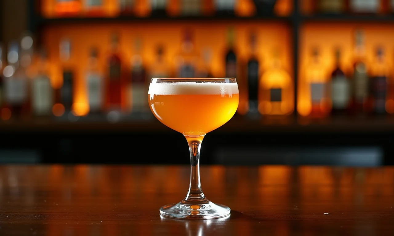 Taça elegante de licor de pitomba em um bar sofisticado.