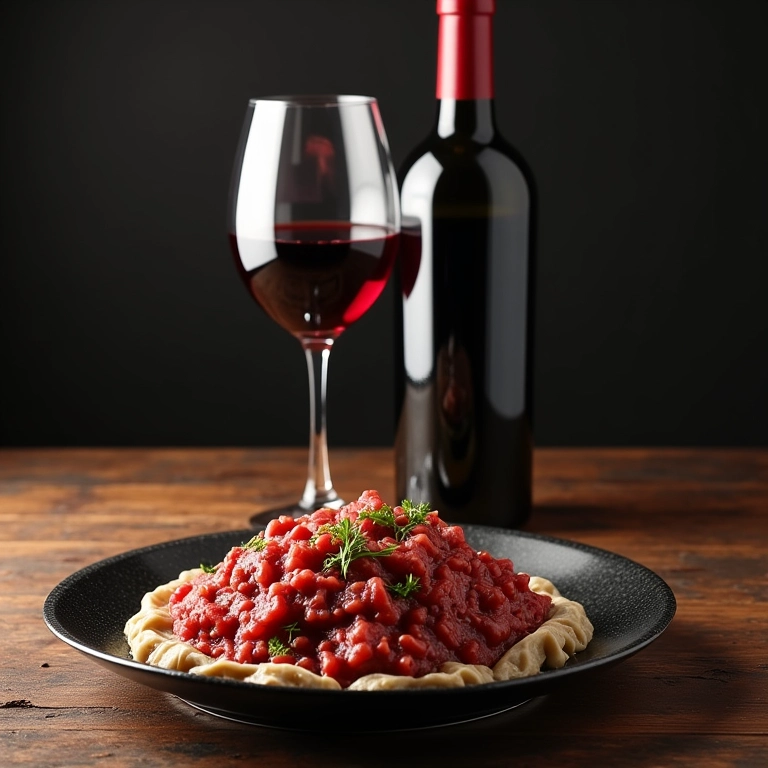 Taças de vinho e garrafa de vinho tinto ao lado de um bife ao molho madeira.