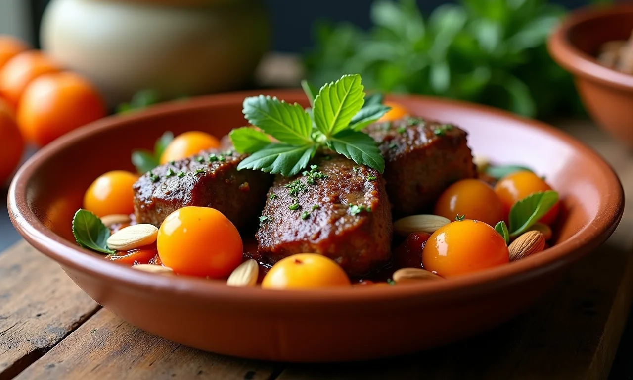 Tajine de cordeiro com damascos e amêndoas em uma cozinha brasileira estilo fazenda.