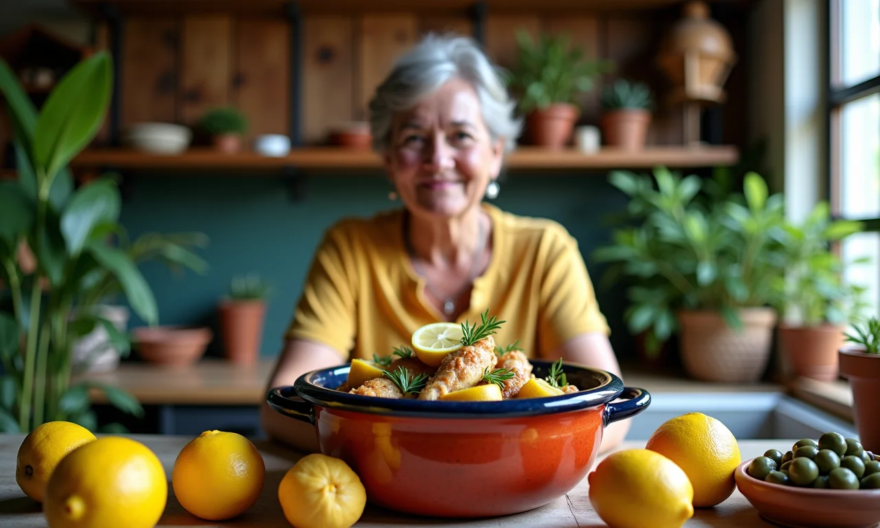 Tajine de frango com limão e azeitonas servido em cerâmica colorida, com uma mulher brasileira sorrindo ao fundo.