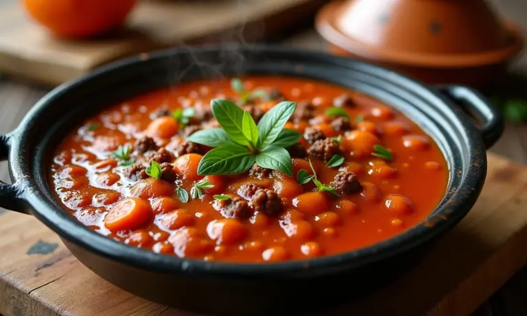 Tajine marroquino fumegante com especiarias coloridas em uma mesa rústica de madeira.