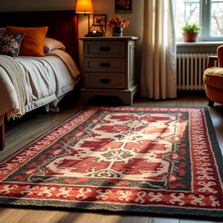 Tapete de lã Pingouin em quarto aconchegante, com padrão tradicional.