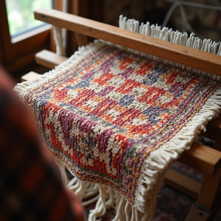 Tapete de lã sendo tecido em um tear, com um padrão intrincado.