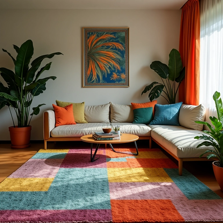 Tapete de retalho em sala eclética com design brasileiro.