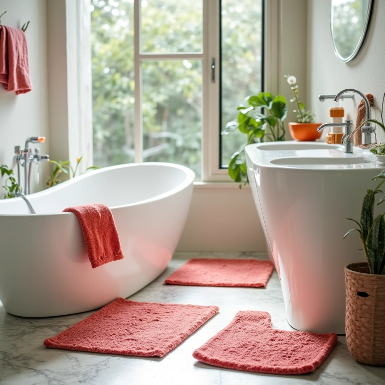 Tapetes e acessórios coloridos em um banheiro iluminado.