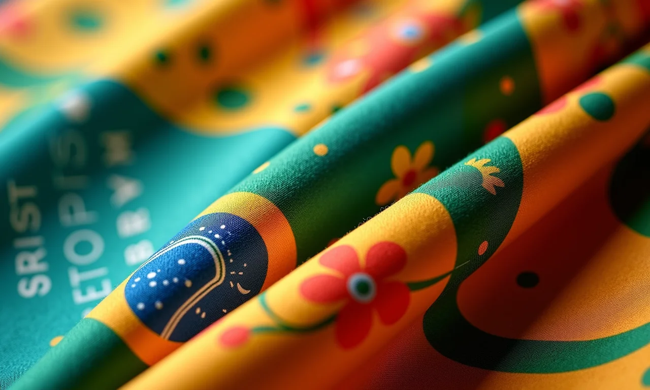 Tecido Estilotex com estampas vibrantes brasileiras.