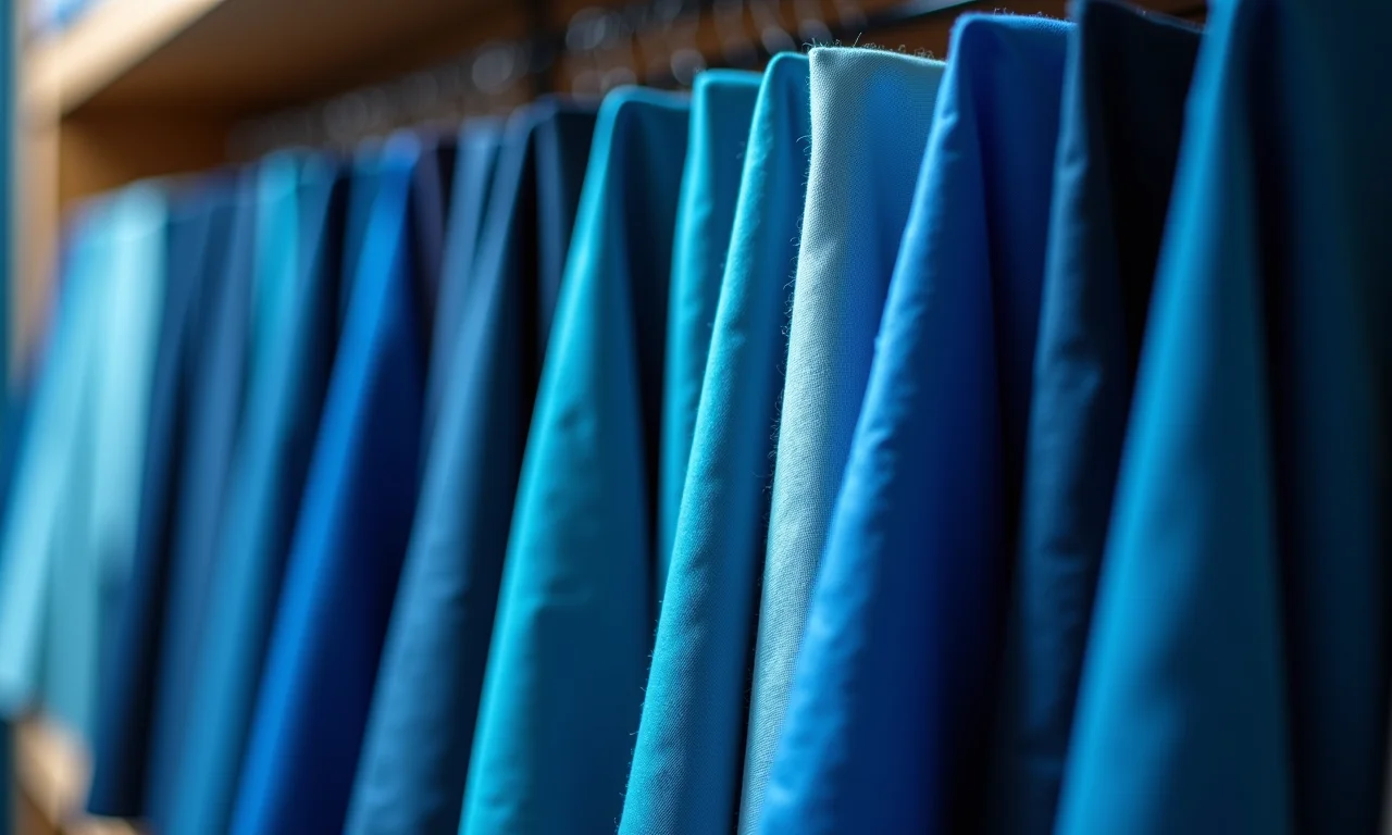 Tecidos azuis e brilhantes para vestido da Frozen em loja de tecidos.