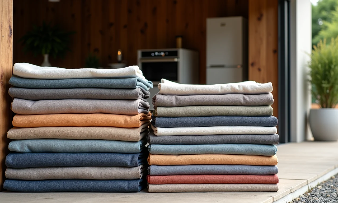 Tecidos da Karsten empilhados em loja, padrões e texturas.