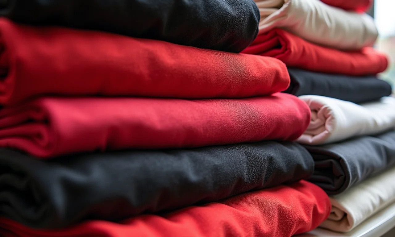 Tecidos vermelho, preto e branco para fantasia.