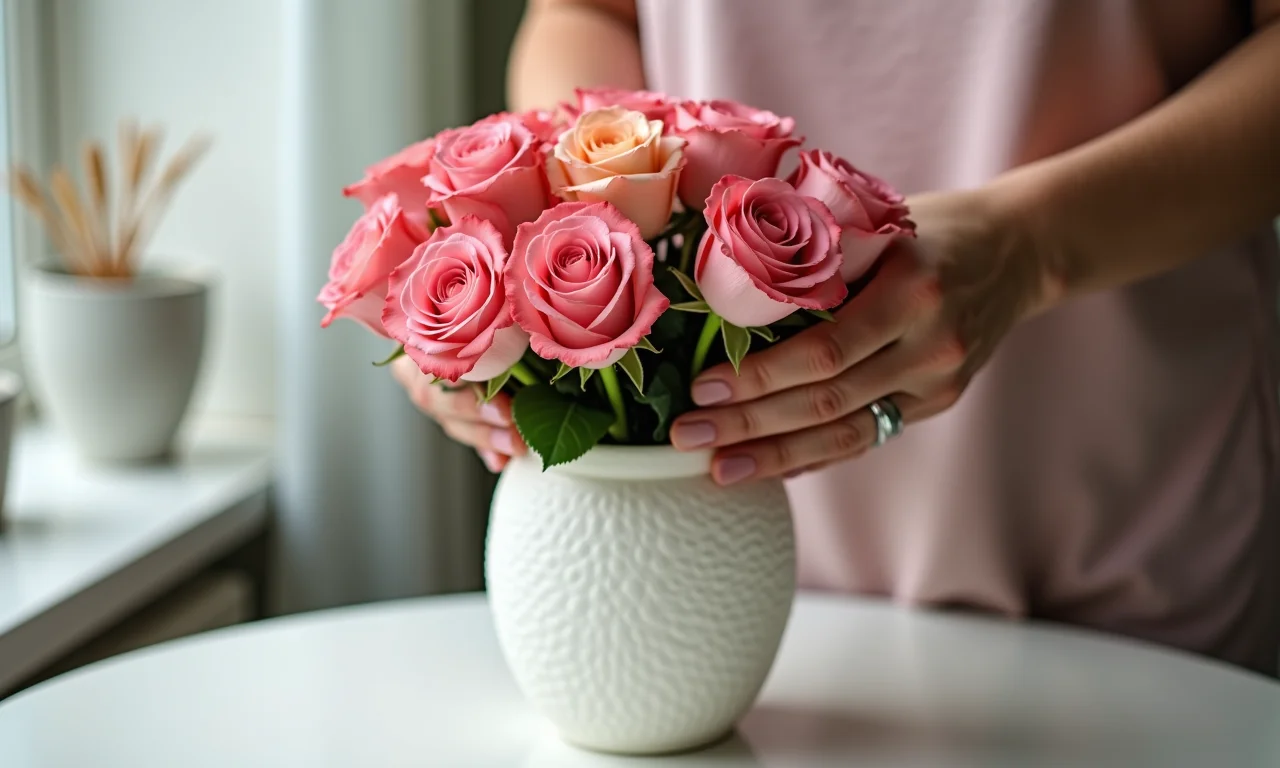 Técnicas de montagem de arranjo de rosas.