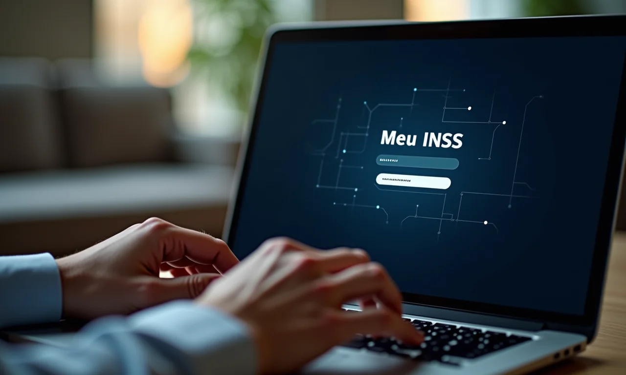 Tela de laptop mostrando a interface 'Meu INSS', com mãos digitando senha.