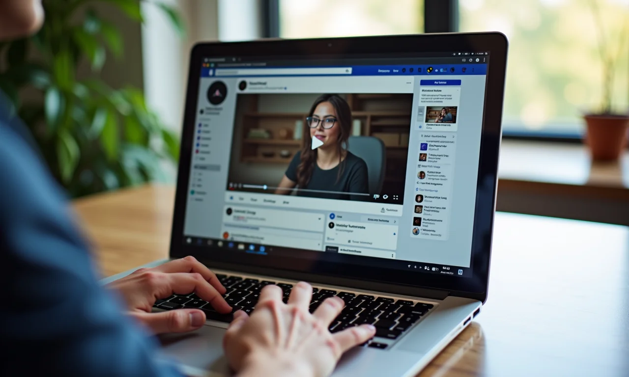 Tela de laptop mostrando o passo a passo para criar um vídeo no Facebook.