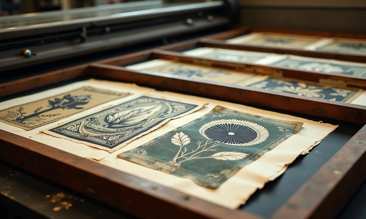 Tela serigráfica usada com diferentes estampas sobrepostas.