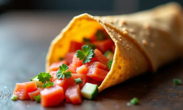 Temaki caseiro com ingredientes coloridos e frescos.