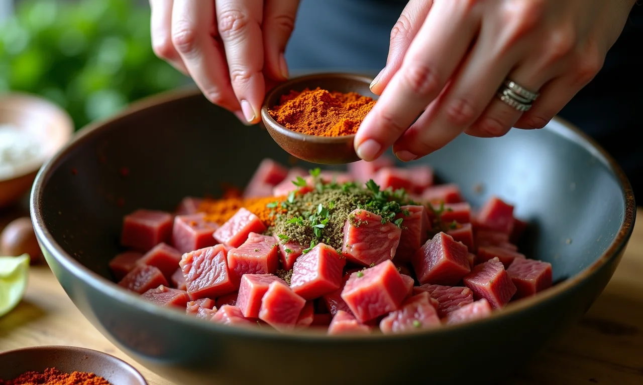Temperando a carne picada com especiarias para um picadinho saboroso.