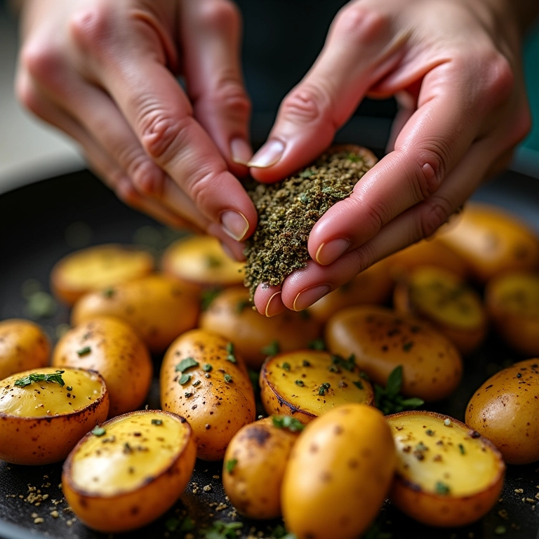 Temperando batatas com ervas e especiarias para churrasco.