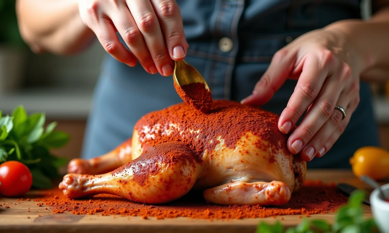 Tempero seco sendo aplicado em frango cru com especiarias coloridas.