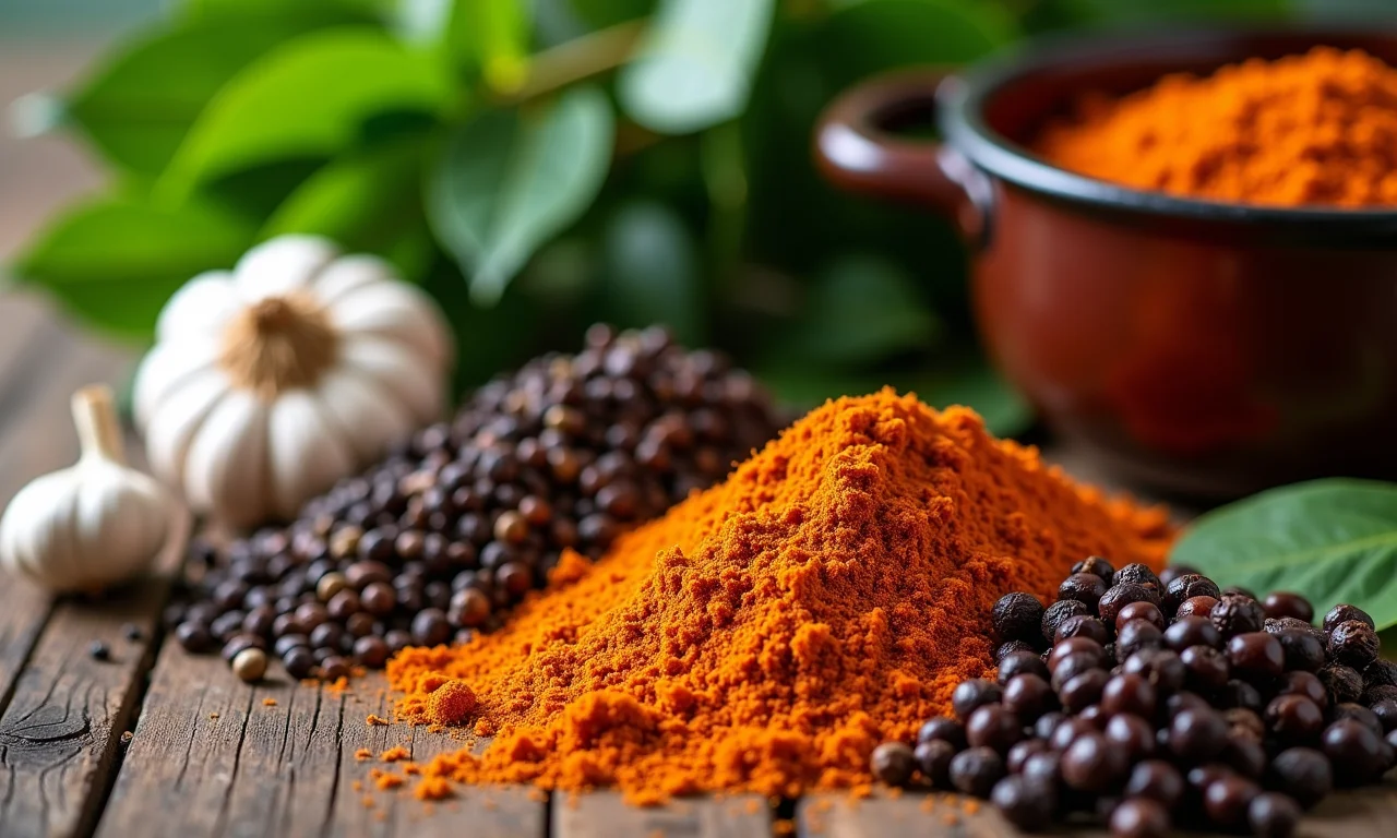 Temperos brasileiros (louro, alho, pimenta) para dar sabor ao feijão.