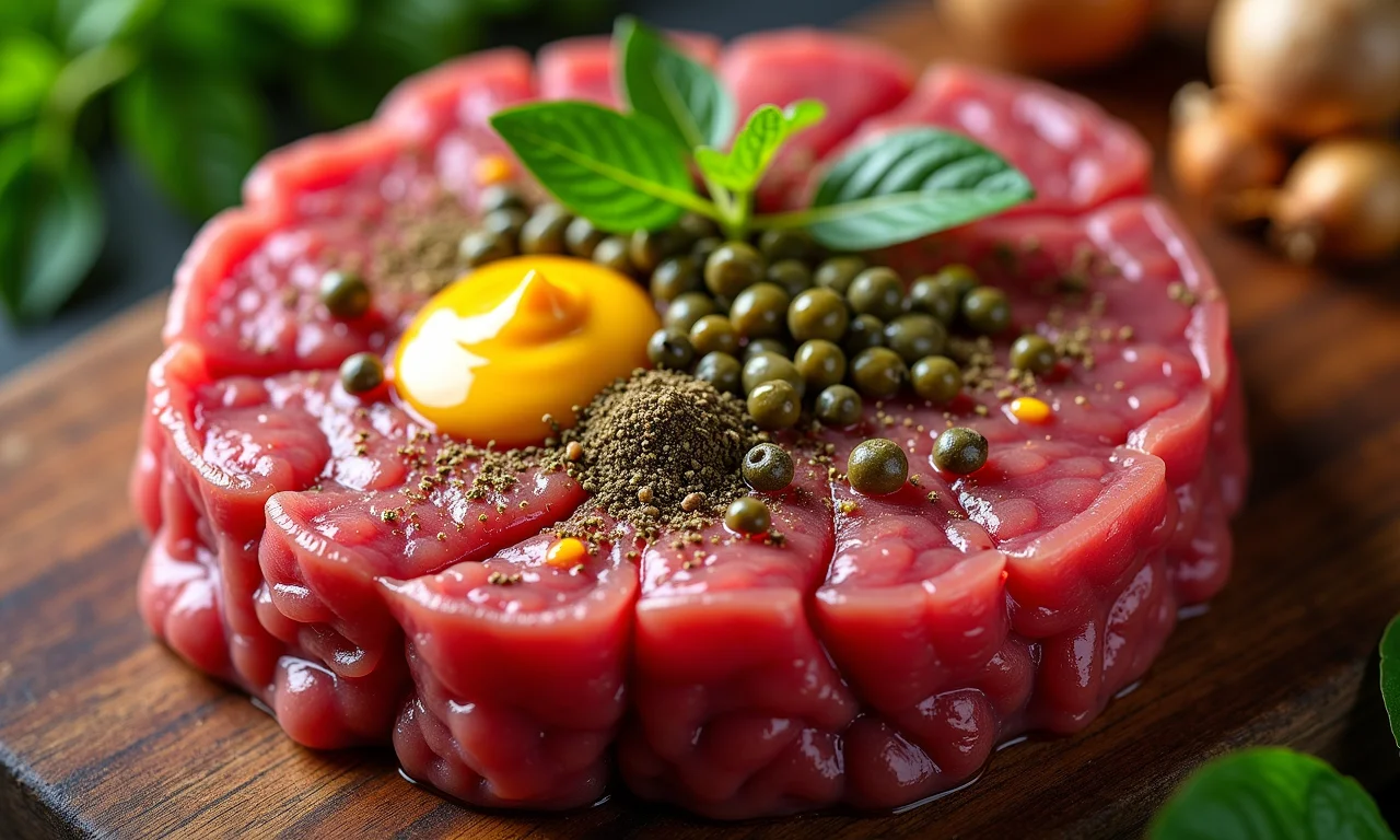 Temperos essenciais para um steak tartare saboroso: mostarda Dijon, alcaparras e chalotas.