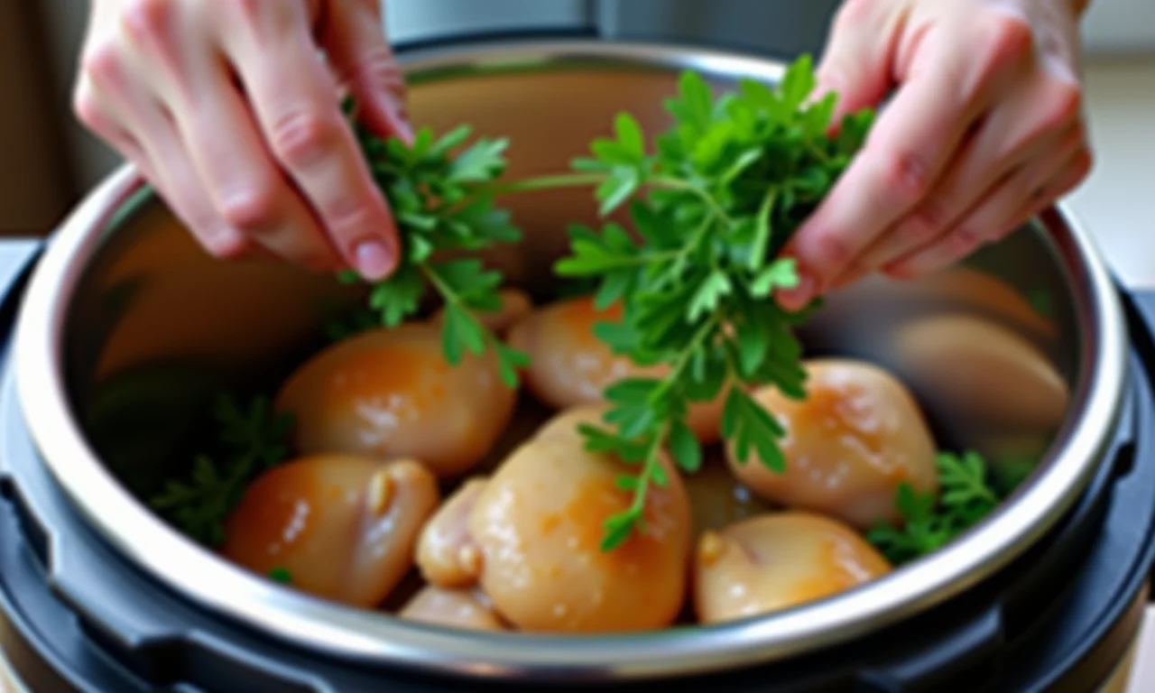 Temperos frescos no frango na panela de pressão.