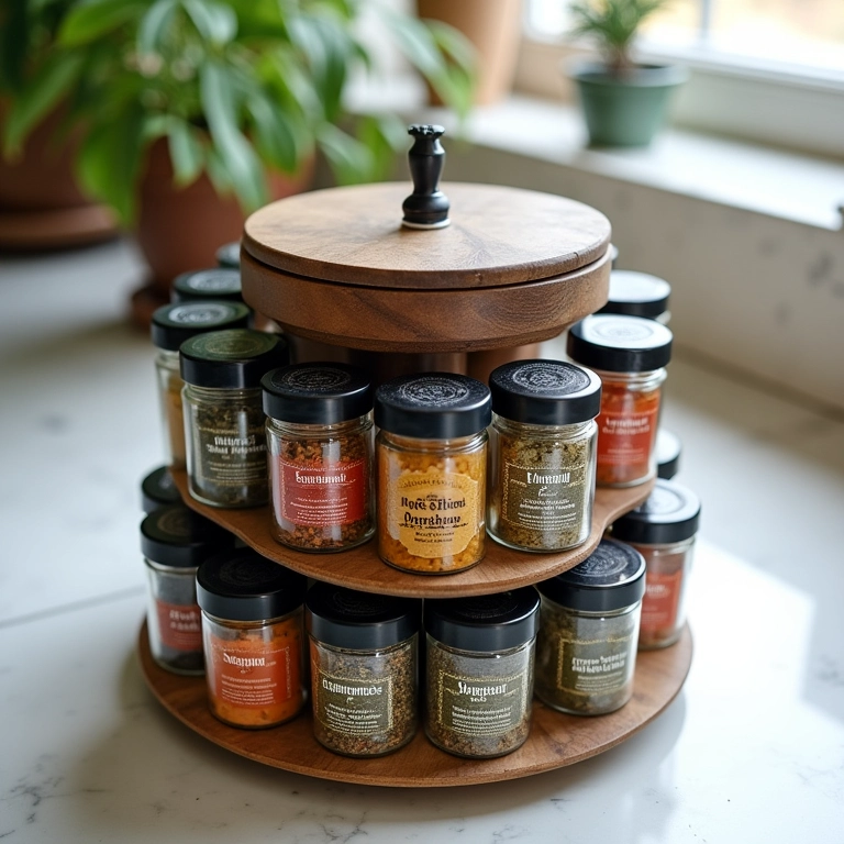 Temperos organizados por categoria em um porta condimentos giratório.