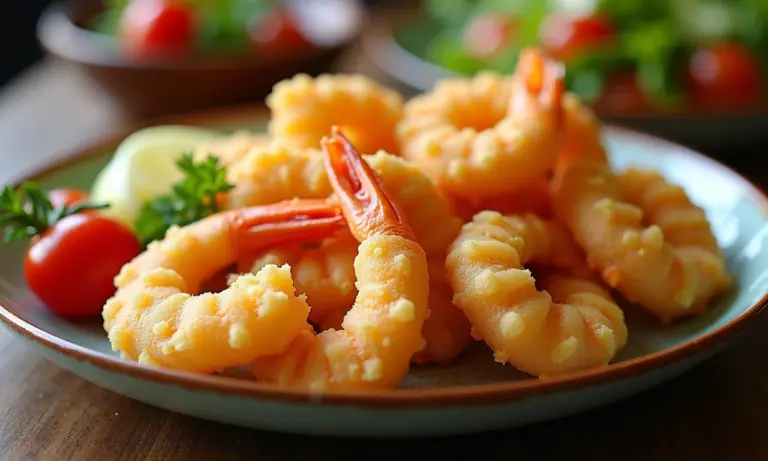 Tempura crocante e dourada servida em prato de cerâmica artesanal.