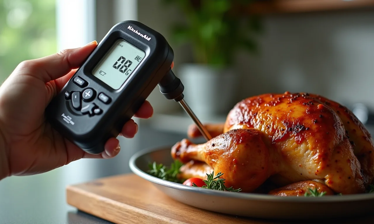 Termômetro de cozinha digital KitchenAid com frango assado.