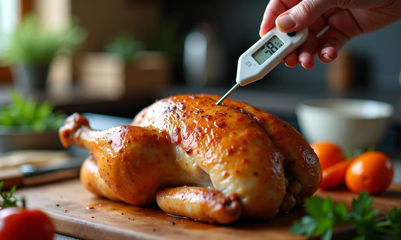 Termômetro inserido no frango, verificando a temperatura interna.
