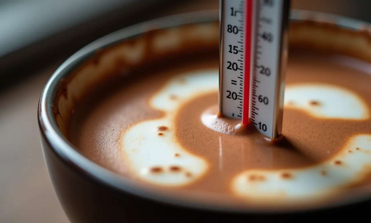 Termômetro medindo a temperatura do chocolate quente na panela.