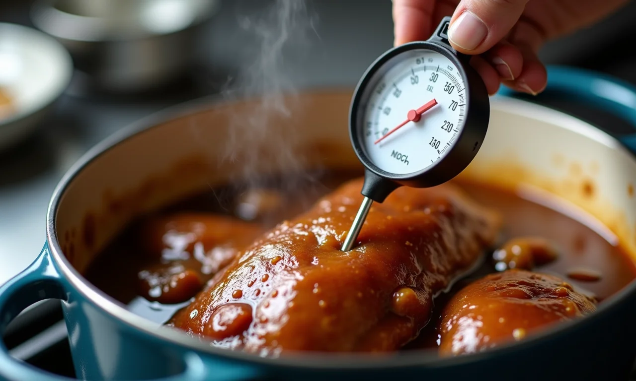 Termômetro medindo a temperatura do confit de pato durante o preparo.