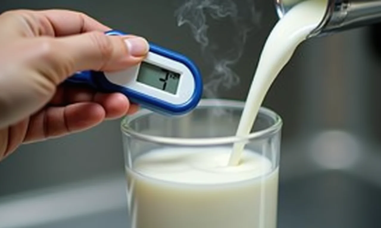 Termômetro medindo a temperatura do leite.