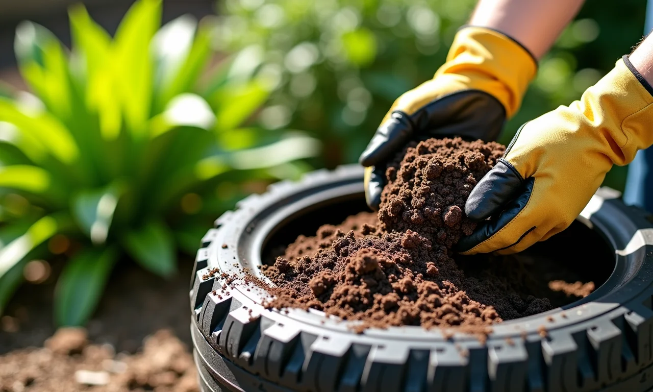 Terra fértil sendo adicionada a um pneu para o plantio.