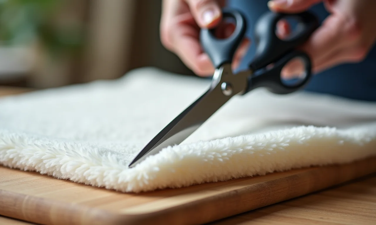Tesoura afiada cortando tecido de lã para o cobertor com mangas.