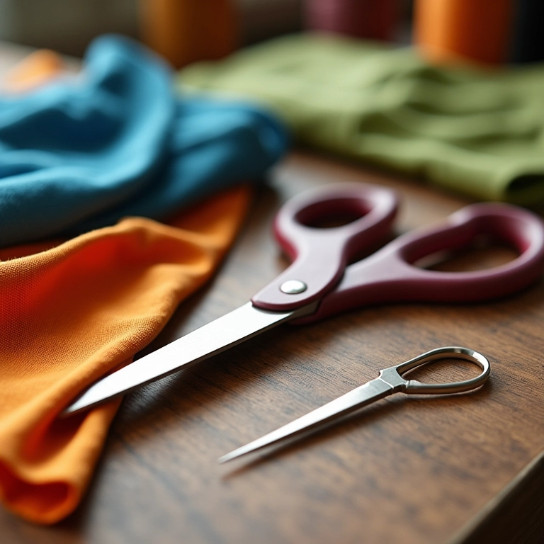 Tesoura, agulha e linha dispostos sobre uma mesa de madeira, prontos para a costura.