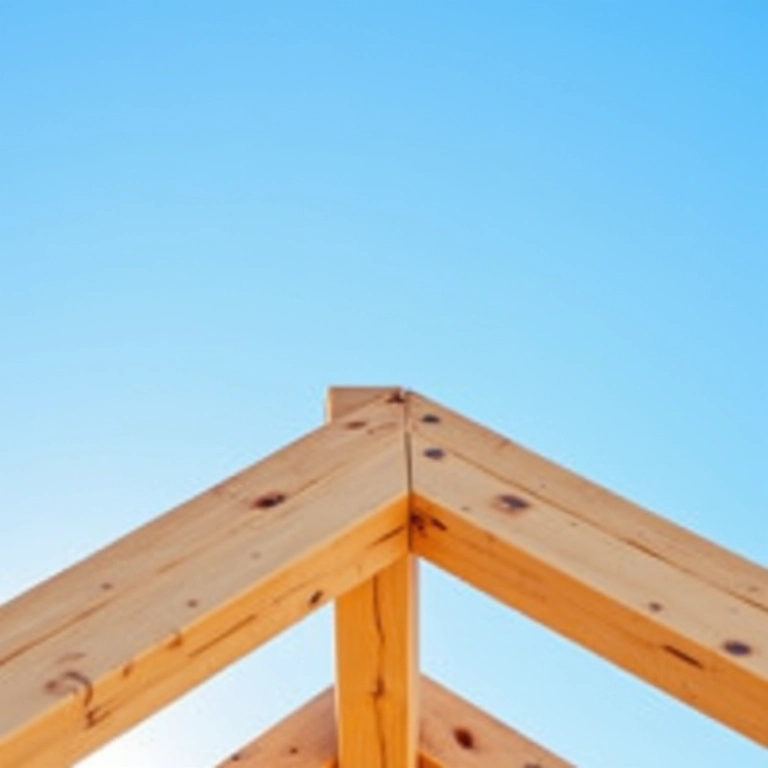 Tesoura de madeira simples para telhado com céu azul ao fundo.