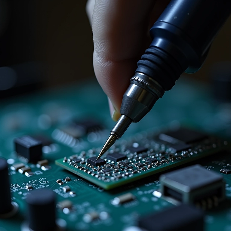 Testando um ferro de solda em placa de circuito, demonstrando o sucesso do projeto DIY.