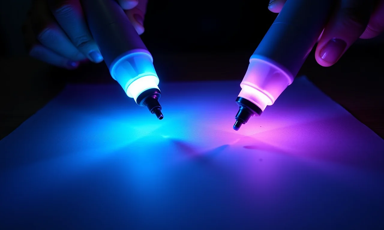 Teste de luz negra DIY: marcadores azuis e violetas destacando papel fluorescente.