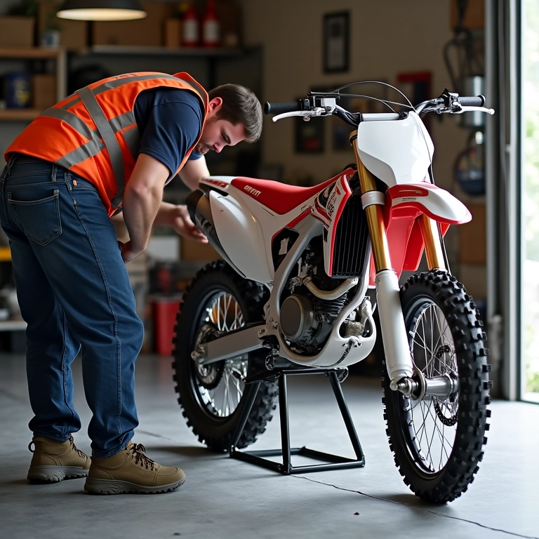 Testes e ajustes finais em um cavalete de moto.