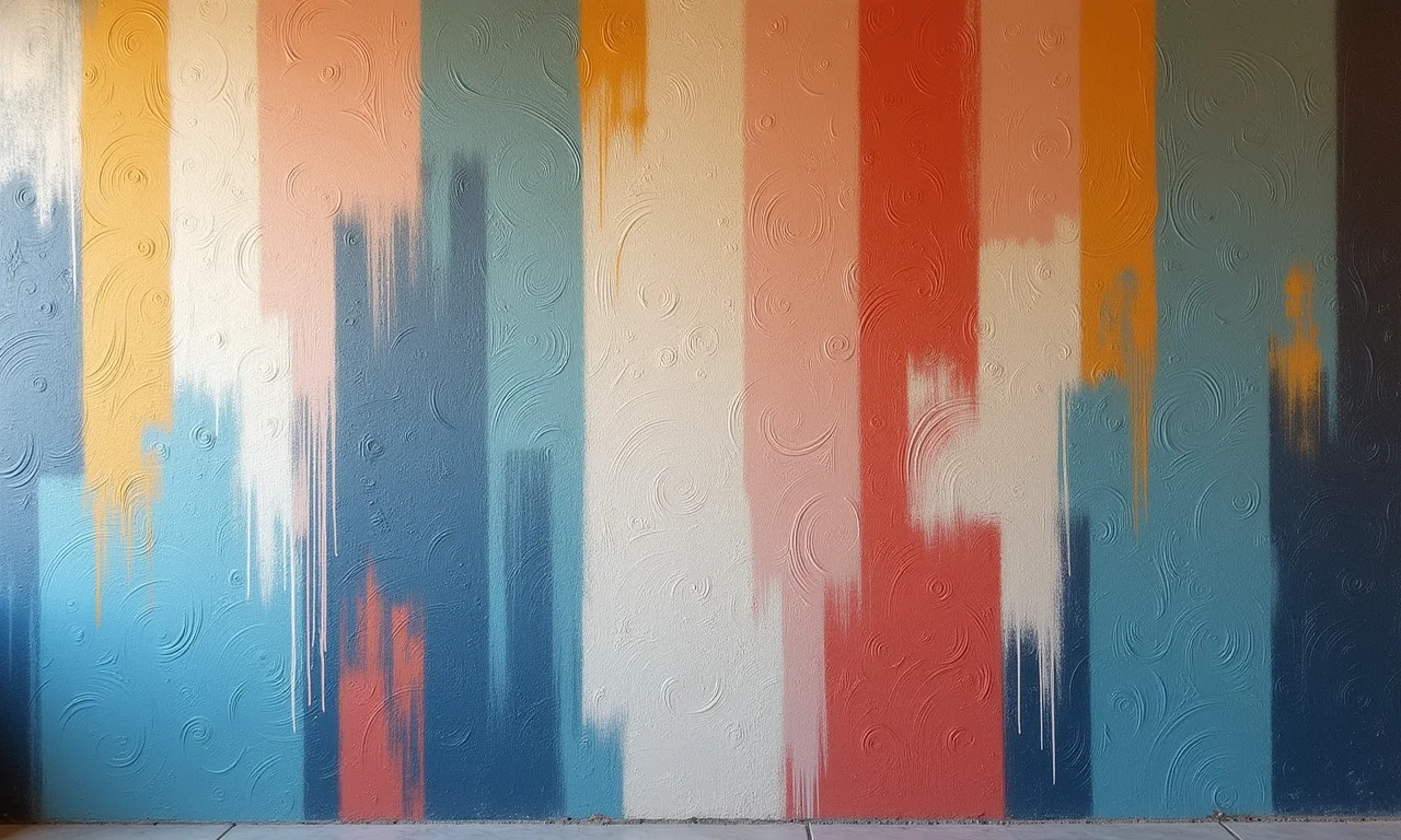 Texturas criativas aplicadas em parede com grafiato: redemoinhos, linhas verticais e padrões geométricos.