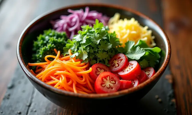 Tigela de bibimbap coreano com diversos vegetais coloridos e carne, dispostos artisticamente.