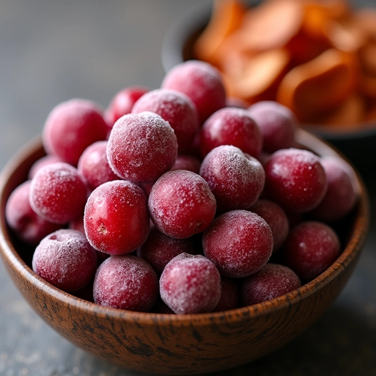 Tigela de cranberries congeladas ao lado de tigela de cranberries desidratadas.