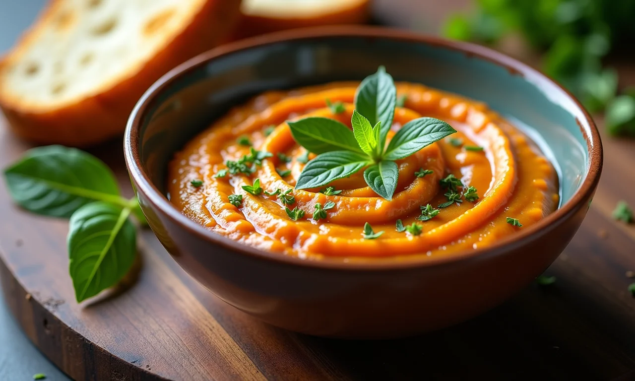 Tigela de patê de macaúba com ervas finas ao lado de pães rústicos.