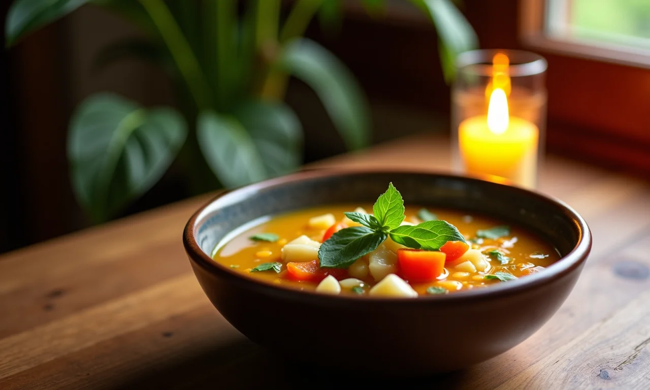 Tigela de sopa leve de legumes com ervas frescas.